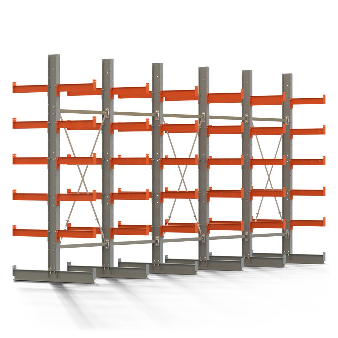 Doppelseitiges Kragarmregal, 2 Felder, 2.500 x 2.000 x 1.120 mm (HxBxT), Nutztiefe 500 mm, Kragarmlast 870 kg, KARL basic, silbergrau/reinorange