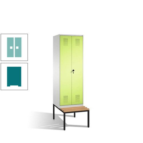 Doppel-Spind, Garderobenschrank, Buche Sitzbank untergebaut, 2 Abteile a 300 mm, Korpus anthrazitgrau, Tür anthrazitgrau, 2.090 x 600 x 815 mm (HxBxT)