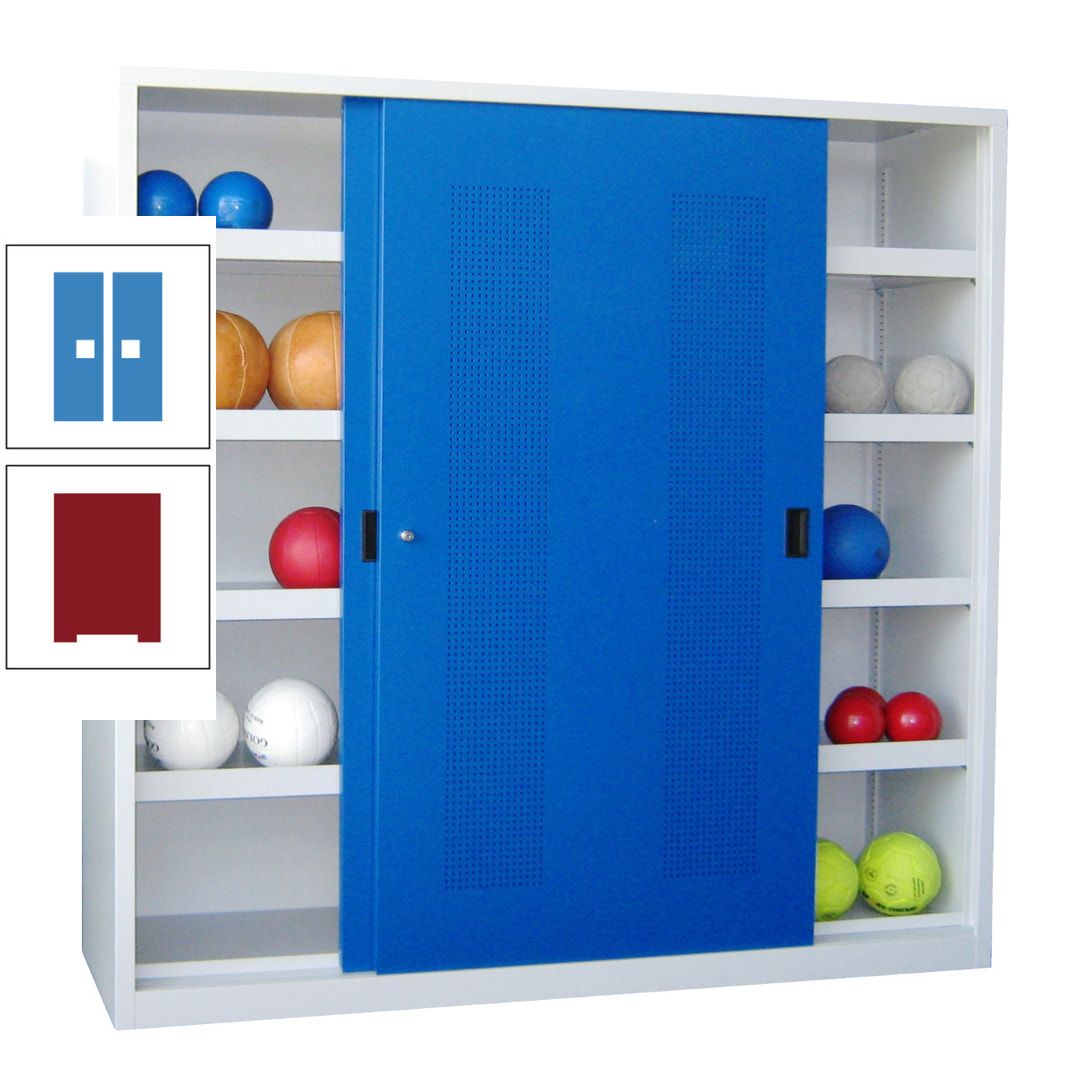 Ballschrank - Schiebetüren mit Lochfeld - Trennwand - 8 Böden - 1.950x2.000x600 mm (HxBxT) - anthrazitgrau