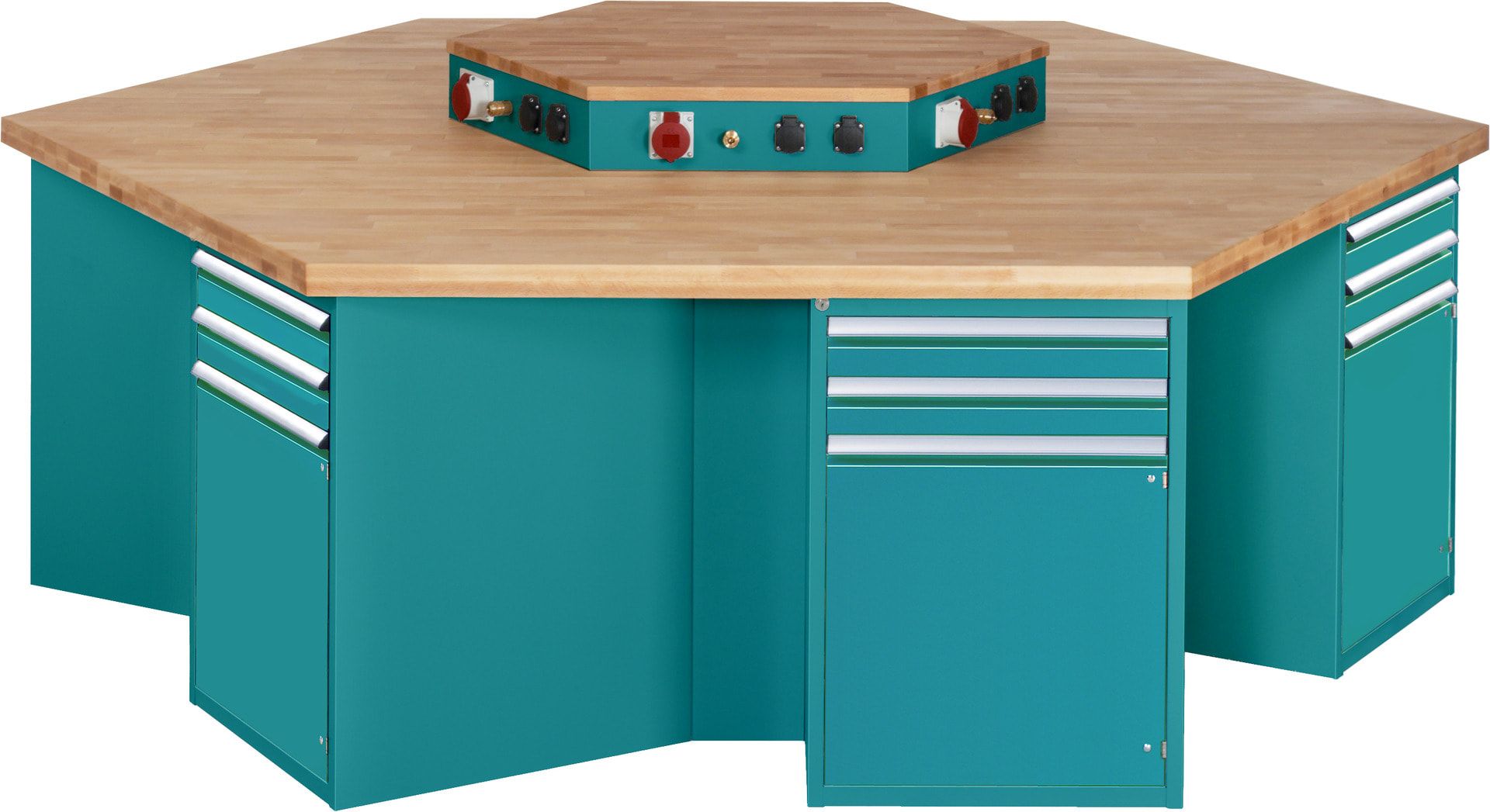 Gruppenwerkbank, Buche, Höhe 840 mm, mit Energieaufsatz, Unterbau-Container, 2 Schubladen, 1 Tür, 1 Boden - Anthrazitgrau