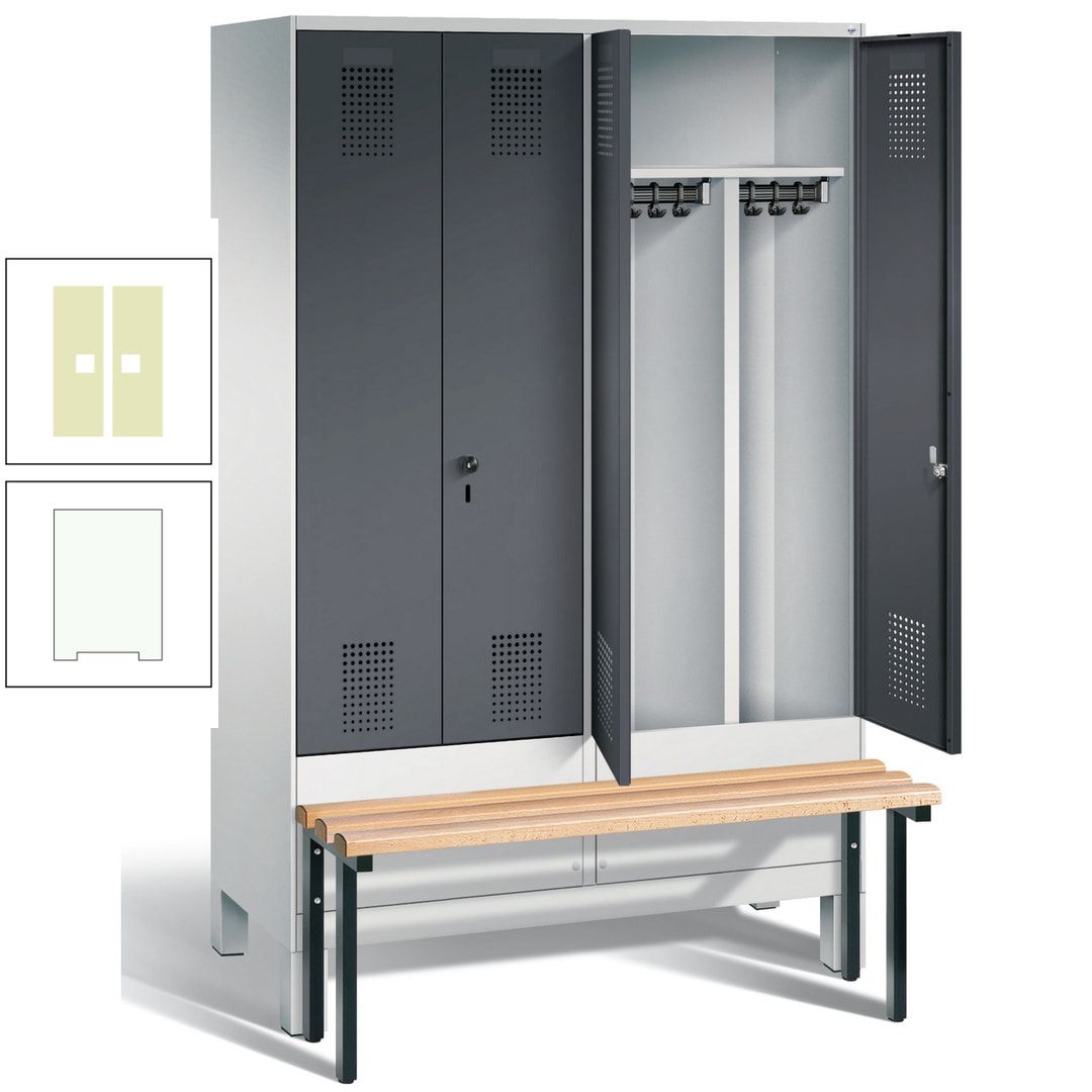Doppel-Spind, Garderobenschrank, Buche Sitzbank vorgebaut, 4 Abteile a 300 mm, Korpus feuerrot, Tür Wasserblau, 1.850 x 1.200 x 815 mm (HxBxT)