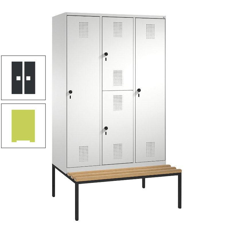 Garderobenschrank, Spind ein- und doppelstöckig Sitzbank, 3 Abteile, 4 Fächer, 2.090x1.200x500 mm (HxBxT), Front anthrazitgrau, Korpus anthrazitgrau