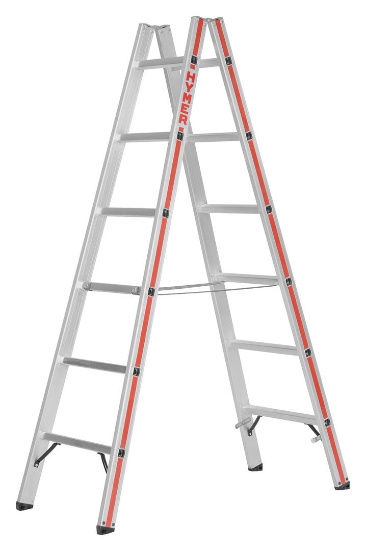 Aluminium-Sprossenstehleiter - Länge 1.570 mm - beidseitig begehbar - Füße angewinkelt - Aluleiter Hymer