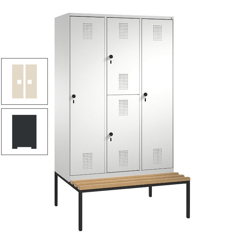 Garderobenschrank, Spind ein- und doppelstöckig Sitzbank, 3 Abteile, 4 Fächer, 2.090x1.200x500 mm (HxBxT), Front anthrazitgrau, Korpus anthrazitgrau