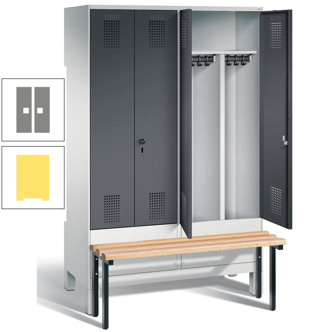 Doppel-Spind, Garderobenschrank, Buche Sitzbank vorgebaut, 4 Abteile a 300 mm, Korpus feuerrot, Tür Wasserblau, 1.850 x 1.200 x 815 mm (HxBxT)