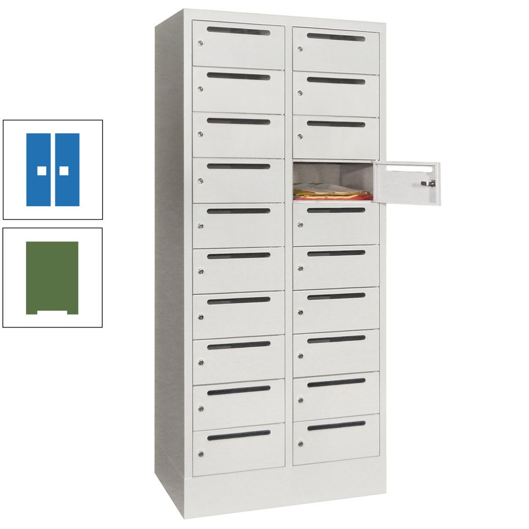 Postverteilerschrank, Schließfachschrank, 2 Abteile a 400 mm, 20 Fächer, 1.850 x 800 x 500 mm (HxBxT), Korpus anthrazitgrau, Front anthrazitgrau