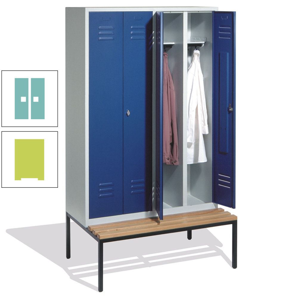 Doppel-Spindschrank, Buche Sitzbank untergebaut, 4 Abteile a 300 mm, Korpus lichtgrau, Tür anthrazitgrau, 2.090 x 1.190 x 815 mm (HxBxT)