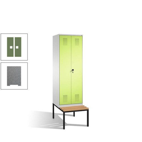 Doppel-Spind, Garderobenschrank, Buche Sitzbank untergebaut, 2 Abteile a 300 mm, Korpus anthrazitgrau, Tür anthrazitgrau, 2.090 x 600 x 815 mm (HxBxT)