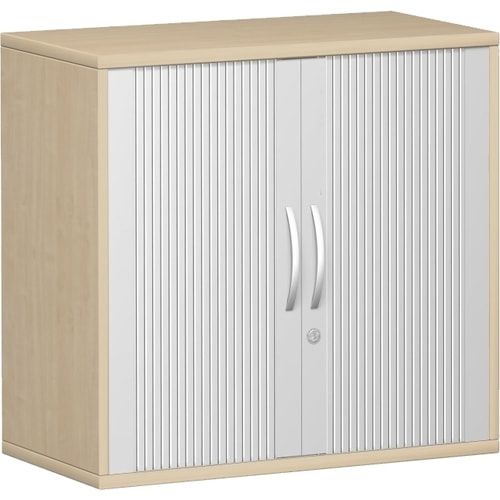 Anstell-Querrollladenschrank, Dekoreinlageboden, Stellfüße, abschließbar, 720 x 1.000 x 425 mm (HxBxT), Korpusfarbe Ahorn, Frontfarbe silber