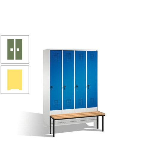 Stahl-Garderobenschrank, Spind, Buche Sitzbank vorgebaut, 4 Abteile a 300 mm, Korpus Lichtgrün, Tür Schwefelgelb, 1.850 x 1.200 x 815 mm (HxBxT)