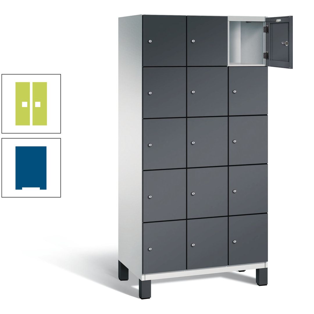Fächerschrank, Stahlschrank, 15 Fächer, Türöffnungsbegrenzer, Füße, 1.980 x 900 x 525 mm (HxBxT), Korpus anthrazitgrau, Front anthrazitgrau