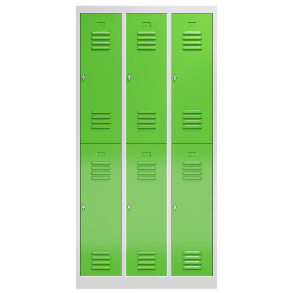 Garderobenschrank, Doppelstockspind, 3 Abteil, 6 Fächer, 1.800 x 870 x 500 mm (HxBxT), Stahl, Drehriegel, Korpus: lichtgrau, Front: anthrazitgrau