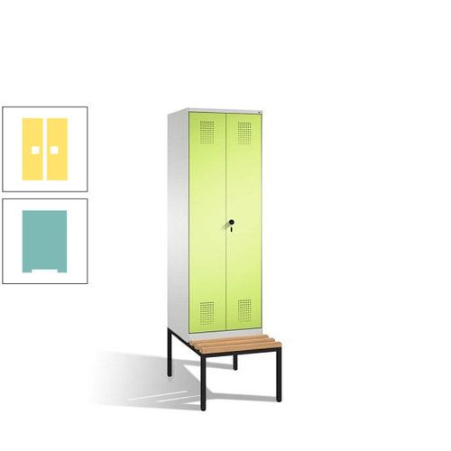 Doppel-Spind, Garderobenschrank, Buche Sitzbank untergebaut, 2 Abteile a 300 mm, Korpus anthrazitgrau, Tür anthrazitgrau, 2.090 x 600 x 815 mm (HxBxT)