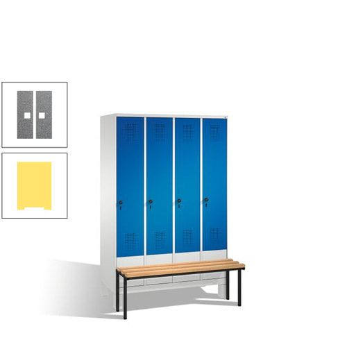 Stahl-Garderobenschrank, Spind, Buche Sitzbank vorgebaut, 4 Abteile a 300 mm, Korpus Lichtgrün, Tür Schwefelgelb, 1.850 x 1.200 x 815 mm (HxBxT)