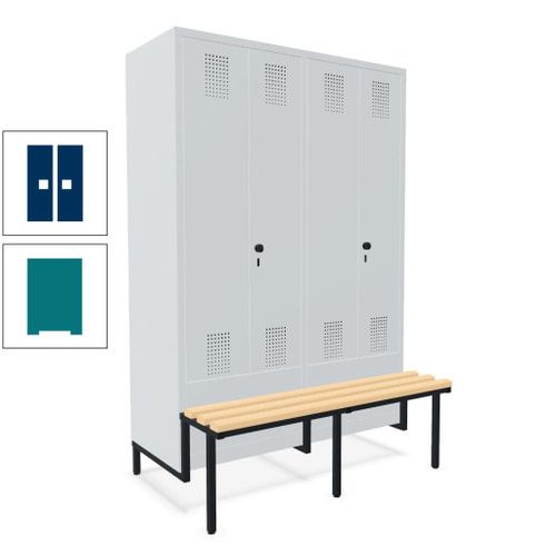 Doppel-Spind, Garderobenschrank, Buche Sitzbank integriert, 4 Abteile 300 mm, Korpus anthrazitgrau, Tür anthrazitgrau, 1.850 x 1.200 x 815 mm (HxBxT)
