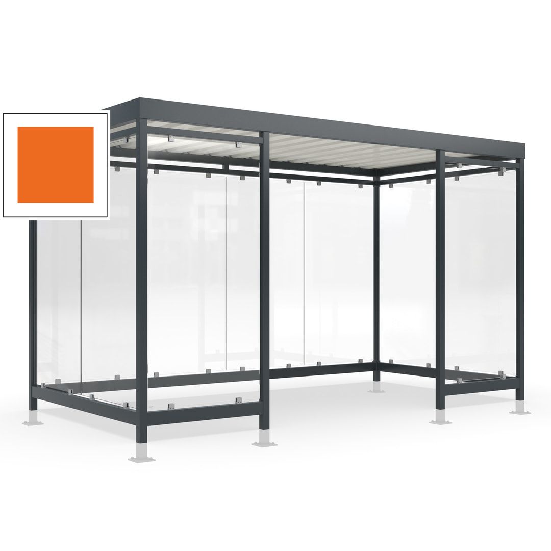 Raucherunterstand für 12-13 Personen, Bushaltestelle, mit Überpflasterung, 2.440 x 4.195 x 2.165 mm (HxBxT), 10 Wände, Achatgrau