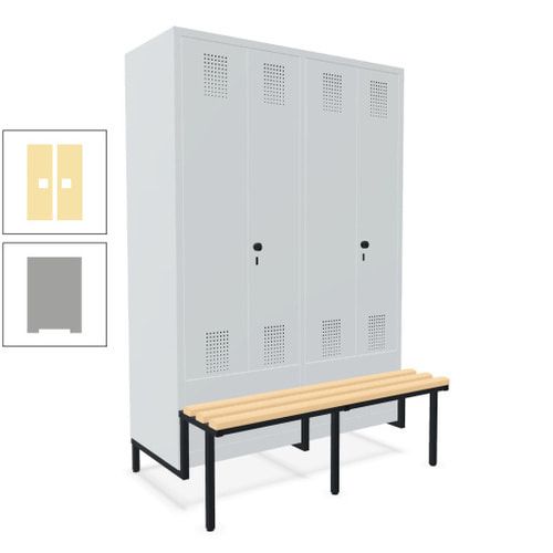Doppel-Spind, Garderobenschrank, Buche Sitzbank integriert, 4 Abteile 300 mm, Korpus anthrazitgrau, Tür anthrazitgrau, 1.850 x 1.200 x 815 mm (HxBxT)