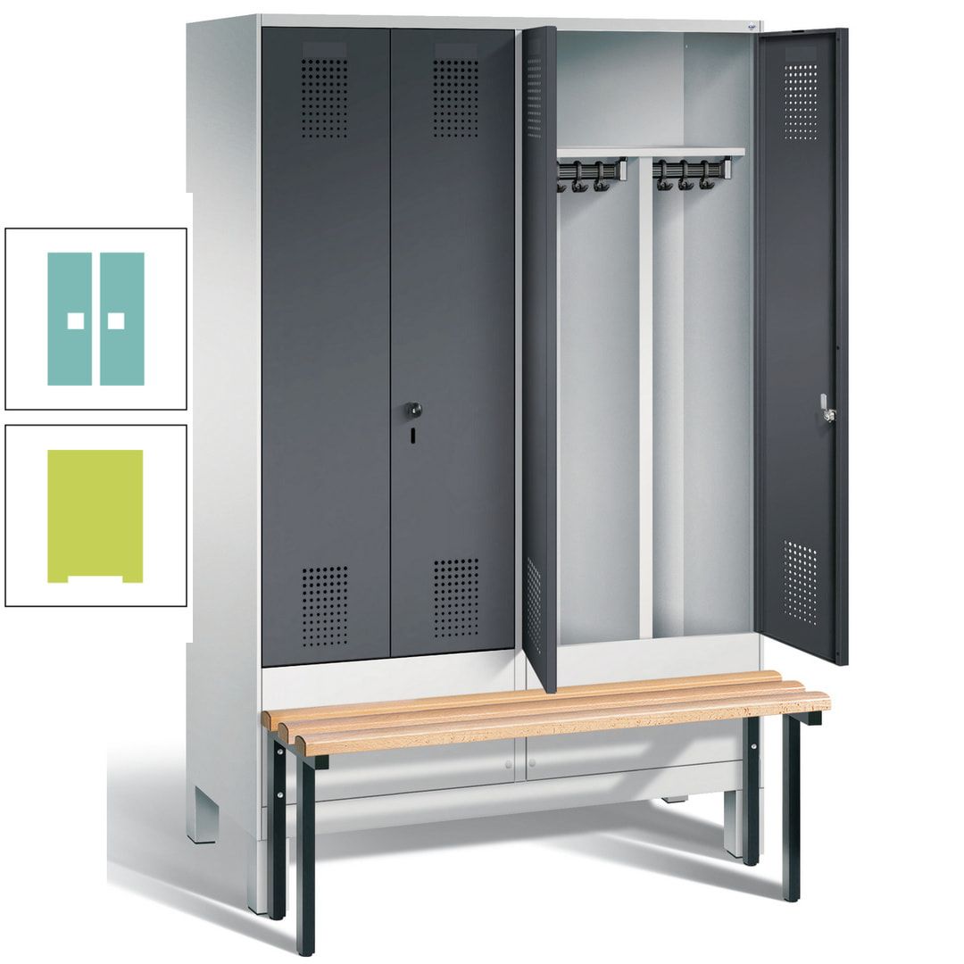 Doppel-Spind, Garderobenschrank, Buche Sitzbank vorgebaut, 4 Abteile a 300 mm, Korpus feuerrot, Tür Wasserblau, 1.850 x 1.200 x 815 mm (HxBxT)