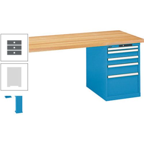 Werkbank, Buche Arbeitsplatte - Code Lock - Tragkraft 1.000 kg - 850 x 2.000 x 800 mm (HxBxT) - 4 Schubladen - Capriblau