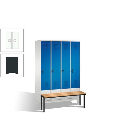 Stahl-Garderobenschrank, Spind, Buche Sitzbank vorgebaut, 4 Abteile a 300 mm, Korpus Lichtgrün, Tür Schwefelgelb, 1.850 x 1.200 x 815 mm (HxBxT)