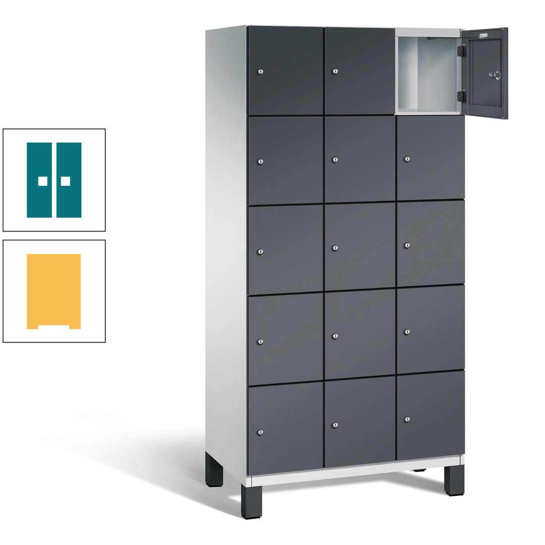 Fächerschrank, Stahlschrank, 15 Fächer, Türöffnungsbegrenzer, Füße, 1.980 x 900 x 525 mm (HxBxT), Korpus anthrazitgrau, Front anthrazitgrau