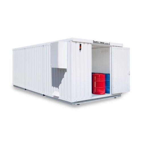 Isolierter Gefahrstoffcontainer - 2.510 x 4.050 x 6.520 mm (HxBxT) - Auffangvolumen 3 x 1.050 l - Lüftersteuerung - Doppelflügeltür kurze Seite