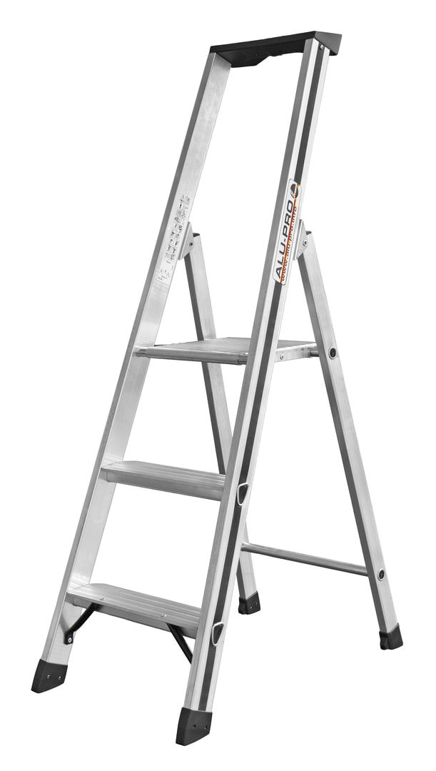 Aluminium Stufenstehleiter, Plattform, Rutschhemmung R11, Kunststoffablage, Eimerhaken, 1.390 x 415 mm (LxB), 3 Stufen, 4 kg, Stufentiefe 80 mm, Hymer