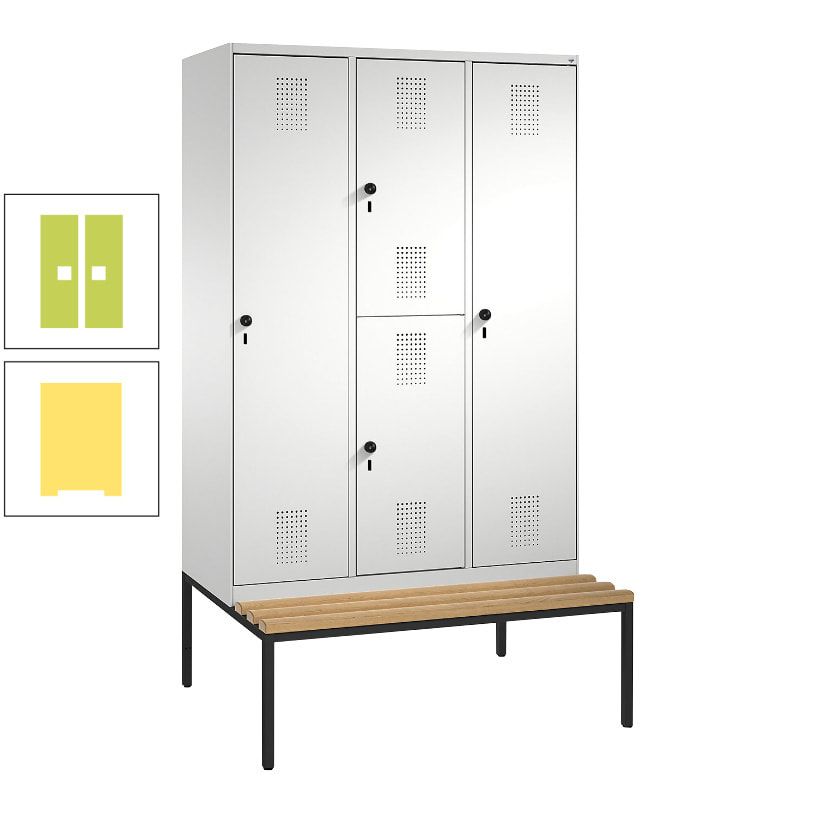 Garderobenschrank, Spind ein- und doppelstöckig Sitzbank, 3 Abteile, 4 Fächer, 2.090x1.200x500 mm (HxBxT), Front anthrazitgrau, Korpus anthrazitgrau