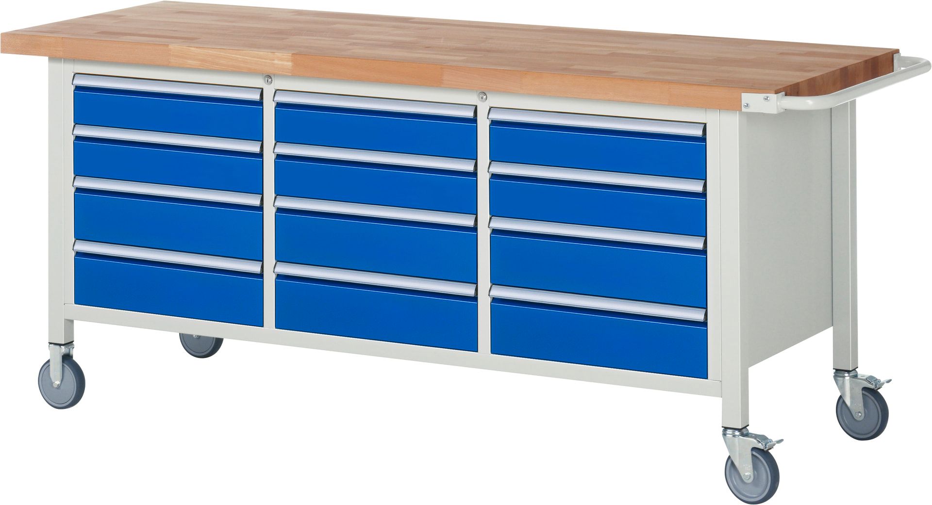 Mobile Werkbank, 12 Schubladen - Teilauszug - 120:6 / 150:6 - Höhe 880-1.080 mm - 2.000 x 700 mm - 450 kg - Buche - Anthrazitgrau