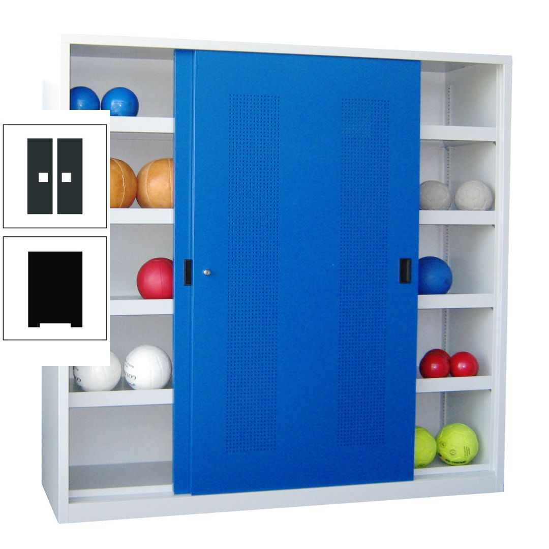 Ballschrank - Schiebetüren mit Lochfeld - Trennwand - 8 Böden - 1.950x2.000x600 mm (HxBxT) - anthrazitgrau