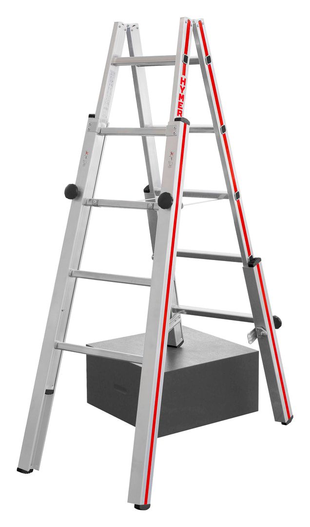 Aluminium-Treppenstehleiter - beidseitig begehbar - stufenlos verstellbare Fußverlängerungen - Länge 1.470 - Breite oben/unten 340/505 - Aluleiter