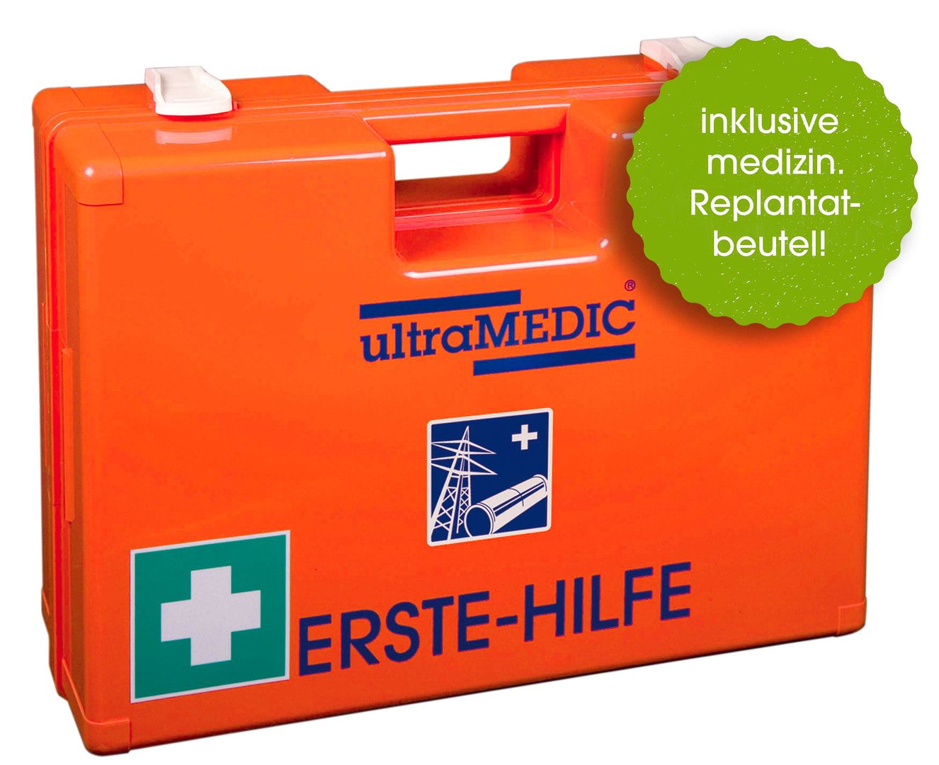 ultraMEDIC Erste-Hilfe-Koffer, Verbandkasten, Baustelle, mit Füllsortiment, nach DIN 13157, Augenspülung, 300 x 430 x 145 mm (HxBxT), ABS, orange