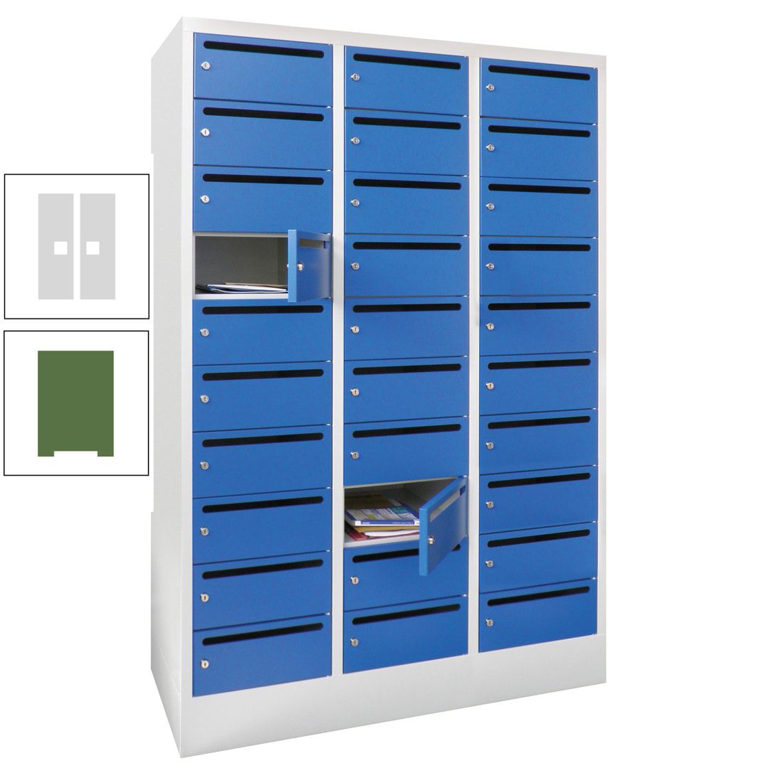 Postverteilerschrank, Schließfachschrank, 3 Abteile a 300 mm, 30 Fächer, 1.850 x 900 x 500 mm (HxBxT), Korpus anthrazitgrau, Front anthrazitgrau