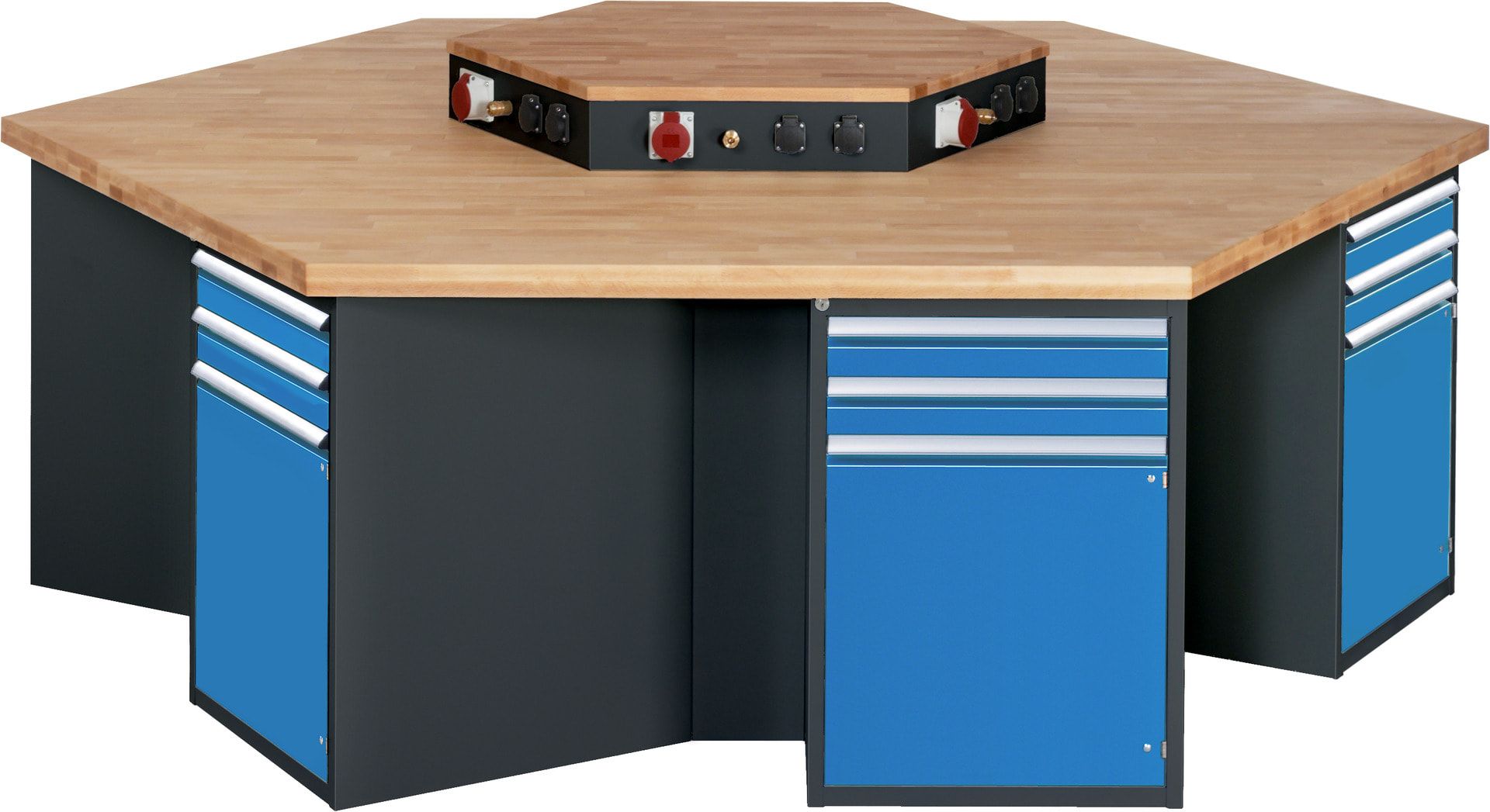 Gruppenwerkbank, Buche, Höhe 840 mm, mit Energieaufsatz, Unterbau-Container, 2 Schubladen, 1 Tür, 1 Boden - Anthrazitgrau