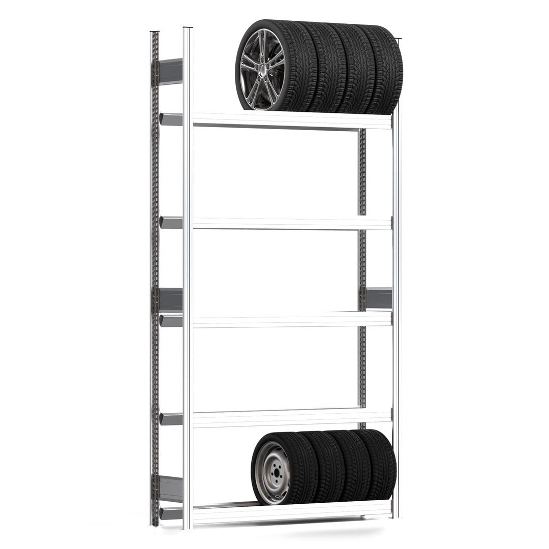 Felgenregal mit Tiefenriegel - 250 kg - 2.500 x 1.285 x 300 mm (HxBxT) - 5 Ebenen - Anbauregal - Steckregal BERT