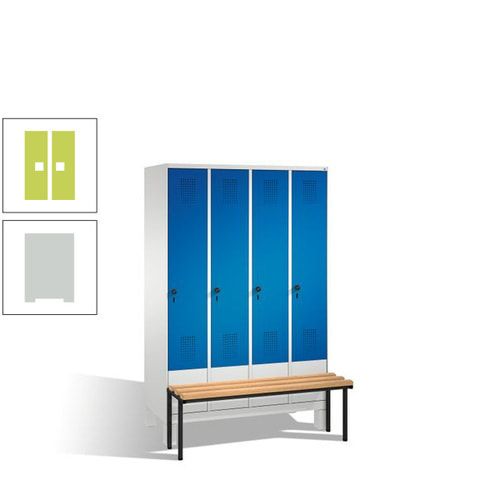 Stahl-Garderobenschrank, Spind, Buche Sitzbank vorgebaut, 4 Abteile a 300 mm, Korpus Lichtgrün, Tür Schwefelgelb, 1.850 x 1.200 x 815 mm (HxBxT)