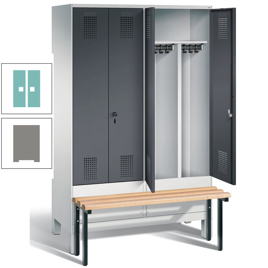 Doppel-Spind, Garderobenschrank, Buche Sitzbank vorgebaut, 4 Abteile a 300 mm, Korpus feuerrot, Tür Wasserblau, 1.850 x 1.200 x 815 mm (HxBxT)