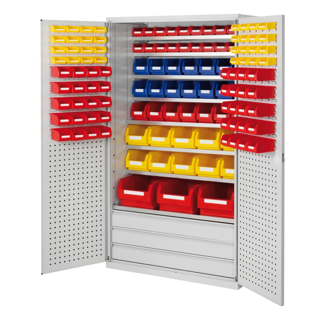 Magazinschrank - 126 Sichtlagerkästen - Loch-/Schlitzplatten Türen - 3 Schubladen - 8 Böden - 1.950 x 1.130 x 590 mm (HxBxT) - lichtgrau