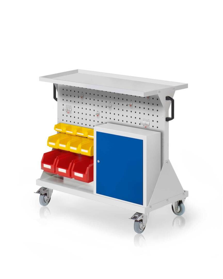 Mobiler Rollwagen, 2 Loch- und 2 Schlitzplatten, 10 Halter und 11 Sichtlagerkästen, Auflageboden, Schrank, 930 x 1.000 x 500 mm (HxBxT), Anthrazitgrau