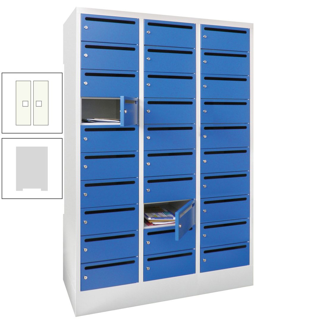Postverteilerschrank, Schließfachschrank, 3 Abteile a 300 mm, 30 Fächer, 1.850 x 900 x 500 mm (HxBxT), Korpus anthrazitgrau, Front anthrazitgrau