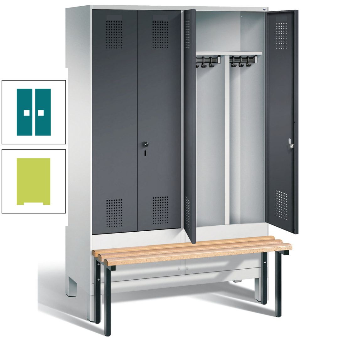 Doppel-Spind, Garderobenschrank, Buche Sitzbank vorgebaut, 4 Abteile a 300 mm, Korpus feuerrot, Tür Wasserblau, 1.850 x 1.200 x 815 mm (HxBxT)