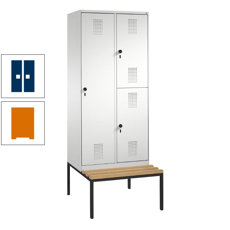 Garderobenschrank, Spind ein- und doppelstöckig Sitzbank, 2 Abteile, 3 Fächer, 2.090 x 800 x 500 mm (HxBxT), Front anthrazitgrau, Korpus anthrazitgrau