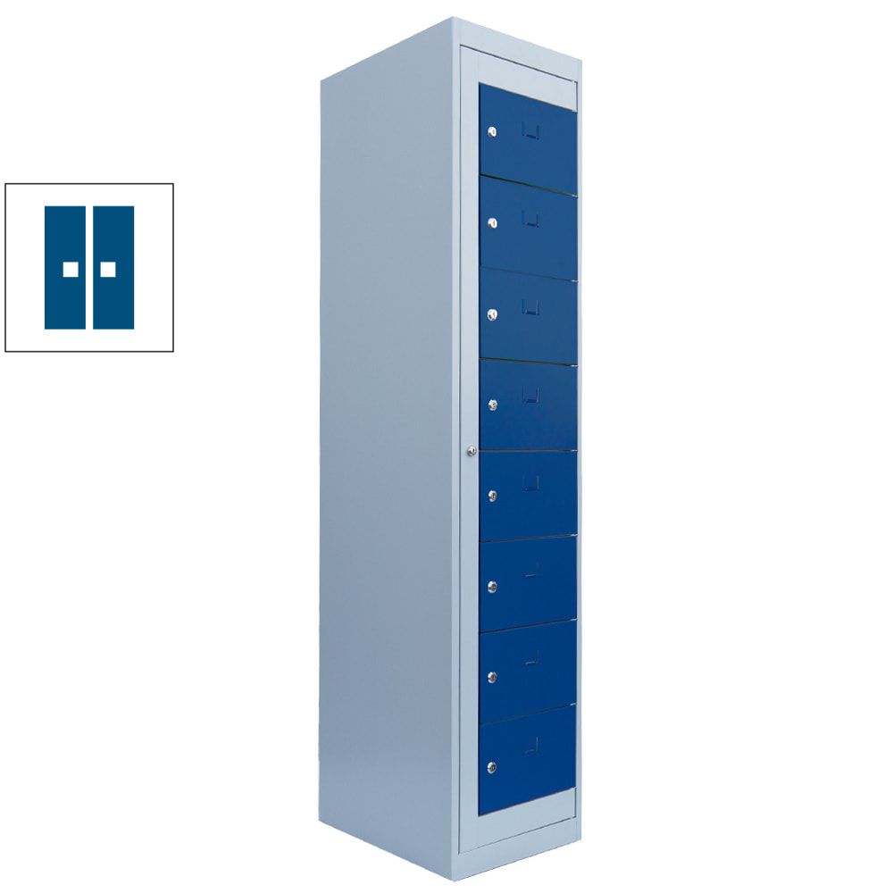 Verteilerschrank, Ausgabeschrank, Fächerschrank, Zentraltür, 1 Abteil, 8 Fächer, 1.800 x 400 x 500 mm (HxBxT), Korpus lichtgrau, Front enzianblau