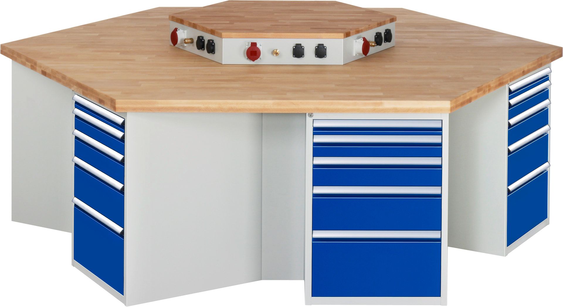 Gruppenarbeitsplätze, Gruppenwerkbank, Buche, Höhe 840 mm, mit Energieaufsatz, Unterbau-Container, 5 Schubladen - Anthrazitgrau