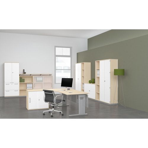 Flügeltürenschrank, rahmenlose Glastüren satiniert, 2 Ordnerhöhen, 1 Einlegeboden, 768 x 800 x 425 mm (HxBxT), Korpusfarbe Ahorn