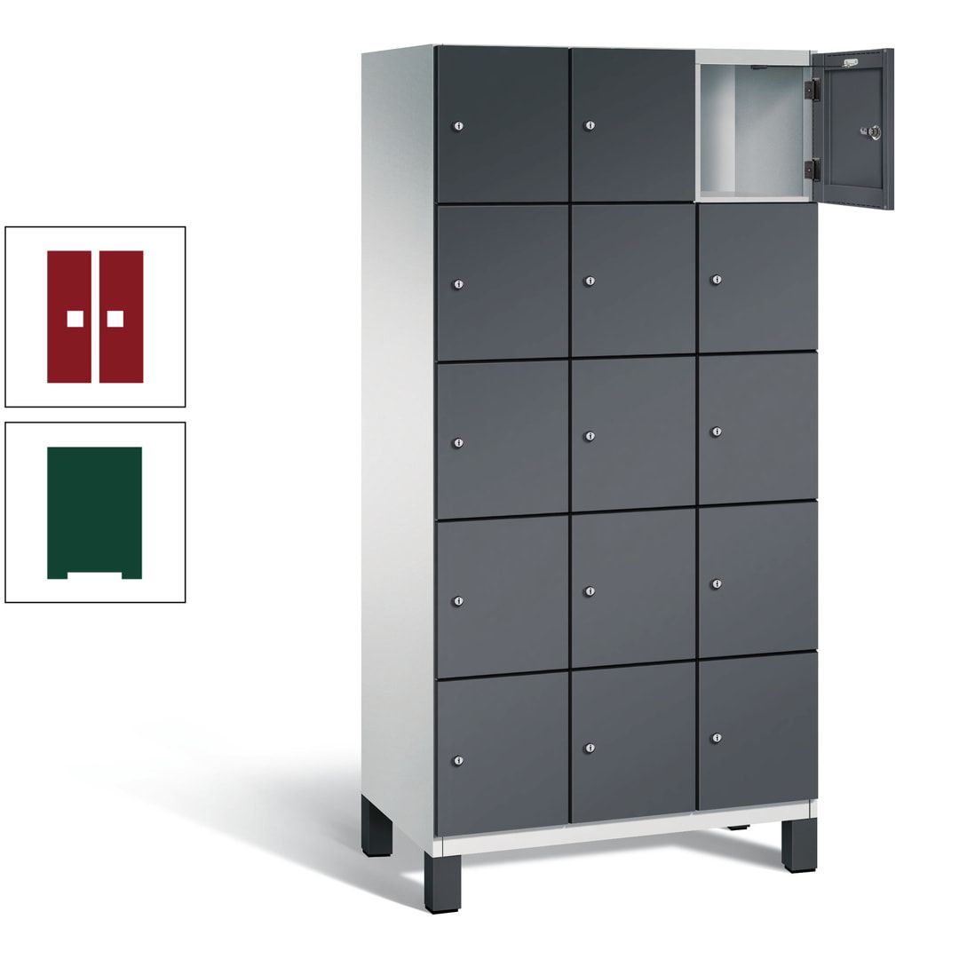 Fächerschrank, Stahlschrank, 15 Fächer, Türöffnungsbegrenzer, Füße, 1.980 x 900 x 525 mm (HxBxT), Korpus anthrazitgrau, Front anthrazitgrau