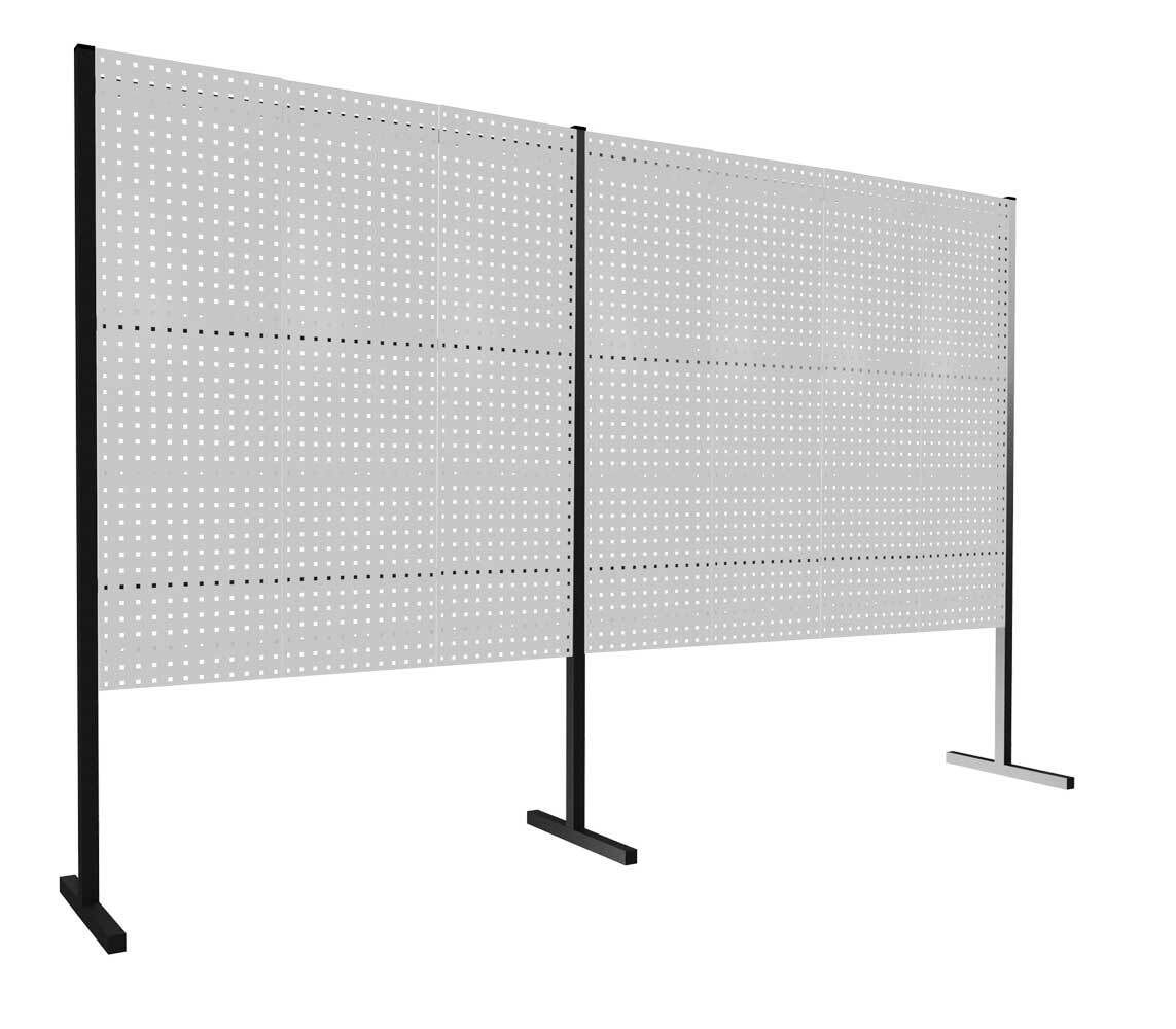 Modulare Trennwand, Werkzeugwand, Doppelfeld 180 Grad, 6 Lochplatten, Plattenhöhe 1.500 mm, 2.000 x 3.000 mm (HxB), Anthrazitgrau (RAL 7016)