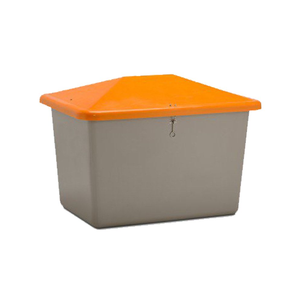 Streugutbehälter für Streusalz, Winterstreumittel, Futtermittel, 700 l, 960 x 1.340 x 990 mm (HxBxT), GFK, grau/orange - Entnahmeöffnung wählbar