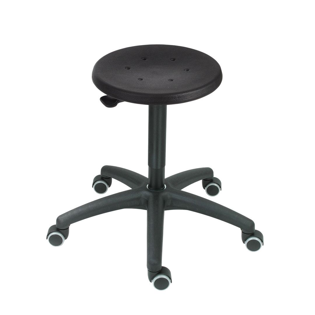 Arbeitshocker mit Hebelauslösung - Sitzhöhe 430-620 mm - PU schwarz - Kunststoff Fußkreuz mit Rollen
