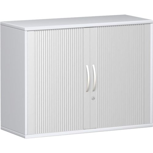 Querrollladenschrank, Dekoreinlageboden, Metallsockel/Standfüße, abschließbar, 768 x 1.000 x 425 mm (HxBxT), Korpusfarbe Ahorn, Frontfarbe silber